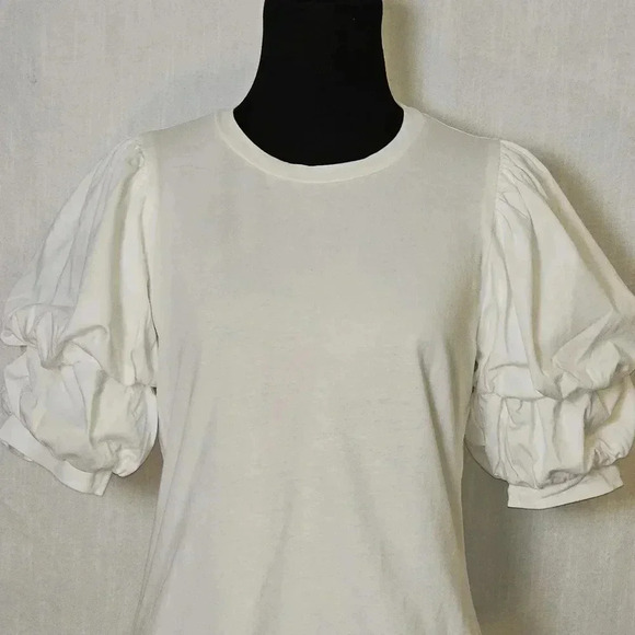 Entro‎ Off White Ruched Sleeve Crew Neck White Tee Sz S - Picture 4 of 14